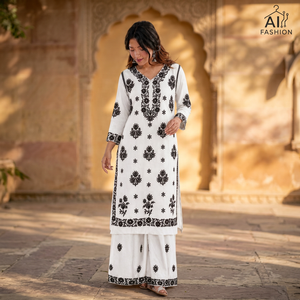 White Black Embroidered Work <b>Kurti</b> Set With Loose Fit And Knee Length Traditional Ethnic Style For Women Casual Wear - Product Image 4