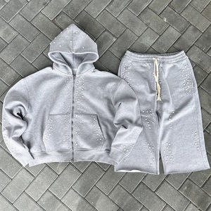 Ensemble survêtement et sweat à capuche double taille avec logo personnalisé imprimé, pantalon évasé orné de strass perlés de haute qualité - Product Image 6