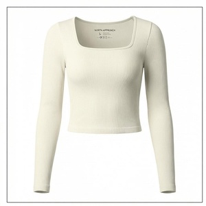 Haut court côtelé à col carré et manches longues North Approach pour femme, vêtement de yoga respirant en mélange de coton et élasthanne, couleur unie, taille L - Product Image 2