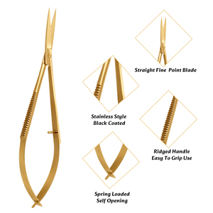 Ciseaux à sourcils professionnels en acier inoxydable avec revêtement or plasma, logo et emballage personnalisés pour outils de maquillage par Bahasa Pro - Product Image 3