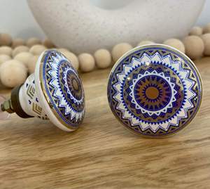 Mediterranean Style Porcelain Cabinet Knobs Round Blue <b>Gold</b> Mandala Design for Kitchen Wardrobe <b>Drawer</b> Home Office Decor - Product Image 1