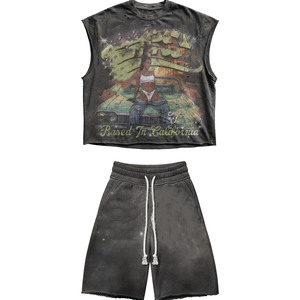 Ensemble short et débardeur en coton premium 260 GSM, gris délavé vintage, impression sérigraphique personnalisée - Product Image 3