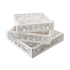 Juego de 3 bandejas de servir cuadradas de madera MDF hechas a mano, de diseño moderno, color blanco quemado antiguo, de la más alta calidad y multifuncionales. - Product Image 1