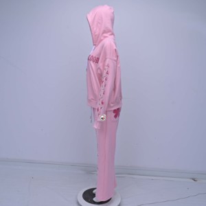 Ensemble de survêtement rose pour femme avec broderie florale, coupe ample, décontracté, sweat-shirt zippé et pantalon à motif floral - Product Image 2