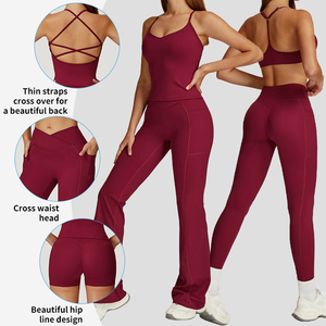 Ladies Gym Women Comfortable Two Pieces Running V-cut Shorts/flare Yoga Pants <b>Halter</b> Crossed Shoulder Straps <b>Backless</b> <b>Bra</b> Set - Product Image 4