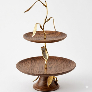 Handcrafted Gold Tone Leaves Design 2 Tiered Wooden Serving Tray Leaf Branch Pastry Stand For Home Hotel & Luxury <b>Tabletop</b> Decor - Product Image 3