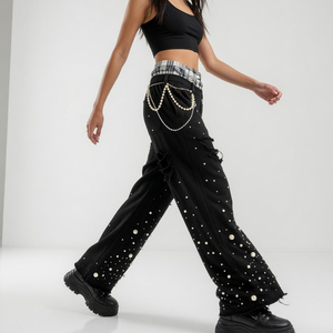Custom High Waist Black Wide Leg Pants With Pearl Decoration Ripped Distressed Street Style Men's Trousers <b>Elastic</b> Waist By SHY - Product Image 4