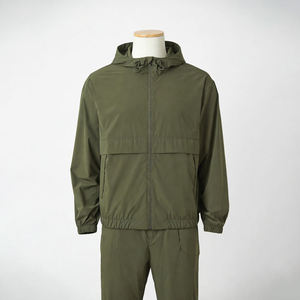 Mens Olive Green Hooded Windbreaker Tracksuit Lightweight <b>Zip</b> <b>Up</b> <b>Jacket</b> and Jogger Set Waterproof Outdoor Sportswear Two Piece - Product Image 1