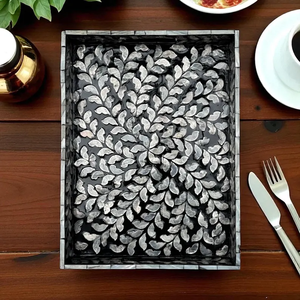 Handmade <b>Rectangle</b> Black Mother of Pearl Inlay Serving Tray - Leaf Pattern Server - Decorative Centerpiece for <b>Coffee</b> <b>Table</b> - Product Image 6