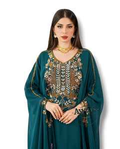 Ensemble 2 pièces de luxe AWAIS HOUSE pour femmes musulmanes, kaftan simple et sobre en velours perlé, coupe trapèze longue jusqu'au sol, vente en gros - Product Image 1