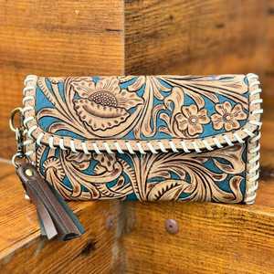 Cartera de cuero para mujer hecha a mano, cartera occidental Floral turquesa, Cartera de mano de piel de vaca, gran oferta, carteras con borlas de cuero genuino - Product Image 2