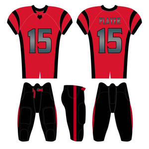 Ensemble d'uniformes de football américain personnalisés, rouge et noir, maillot et pantalon imprimés par transfert thermique, unisexe, léger, sans manches, taille élastique - Product Image 1