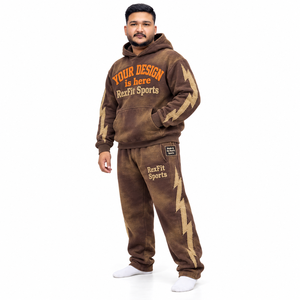 Ensemble sweat-shirt et pantalon de survêtement RexFit pour homme, en coton molletonné marron, vêtements décontractés, survêtement personnalisé avec impression, streetwear d'automne - Product Image 1