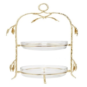Luxury Elegant Double Layer <b>Cake</b> <b>Stand</b> with <b>Glass</b> Tray Gold Metal Leaf Design for Wedding - Product Image 1
