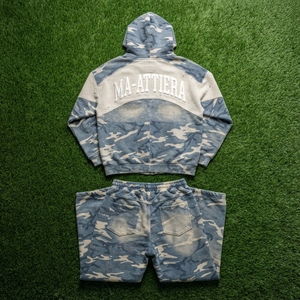 Men Blue <b>White</b> Camouflage <b>Zip</b> <b>Up</b> Hoodie Tracksuit Set Loose Fit Contrast Panel Streetwear Custom OEM ODM Wholesale - Product Image 6
