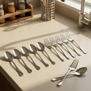 Cuillères et fourchettes simples en acier inoxydable sur un comptoir pour la cuisine, la table à manger et la décoration contemporaine des restaurants. - Product Image 1