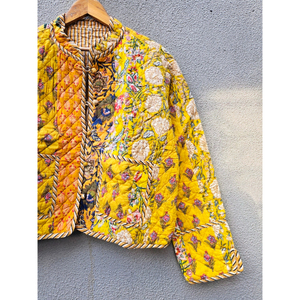 Chaqueta Acolchada de Algodón con Estampado Floral Amarillo, Reversible, Hecha a Mano, Tejida, Transpirable, Estilo Vintage, Ropa Exterior para Mujer, Regalo para Ella - Product Image 3