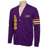 Lila V-Ausschnitt Strickjacke mit Logo Langarm Damen Klassischer Pullover Volle Länge Standarddicke Damen-Cardigans
