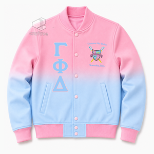 เสื้อแจ็คเก็ตวาร์ซิตี้ผ้าซาตินออมเบรสำหรับผู้หญิง Gamma Phi Delta ปักลายตัวอักษรกรีก กระดุมแป๊ก คอเสื้อและปลายแขนเสื้อถักแบบริบบิ้น เสื้อแจ็คเก็ตเลตเตอร์แมน - Product Image 1