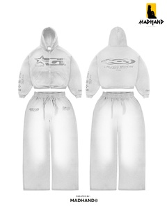 Custom Grunge Vision Streetwear Tracksuit | Cropped <b>Zip</b> Hoodie & Wide Leg Sweatpants | OEM Vintage Electric Blue Fleece Set - Product Image 2