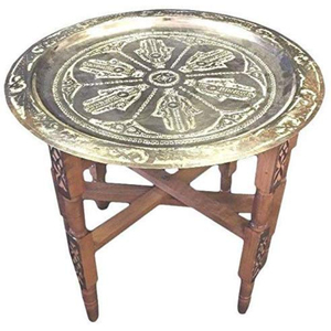 Table basse marocaine antique en laiton, artisanale, avec base en bois incrusté pliable, design islamique, accent décoratif, table à café latérale - Product Image 1