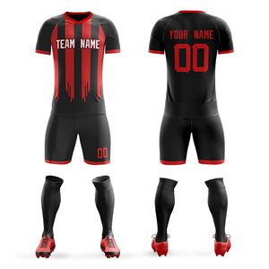 Conjunto de Camiseta de Fútbol Personalizada para Hombre, Negra con Rayas Rojas, Cuello en V, Manga Corta, Absorbe la Humedad, Ajuste Atlético, Impresión Sublimada - Product Image 1