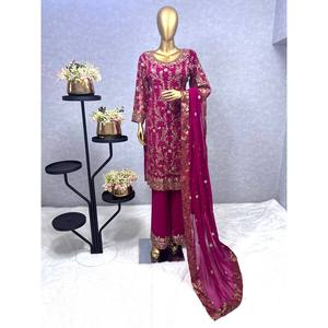 Ensemble haut-bas et dupatta magnifique pour femme, rose foncé, pour soirée, par JD Designer - Product Image 3