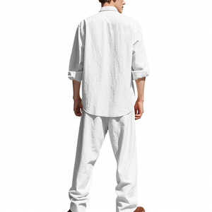 OEM Services Custom Manufacturer Casual Simple Solid Color Cotton Linen Suit Oversized Loose Shirts Trousers 2 piece <b>Set</b> For Man - Product Image 2