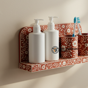 Handcrafted Floral Bone Inlay Bathroom Organizer <b>Set</b> Wall-Mounted Vanity Shelf with Dual <b>Soap</b> Dispensers and Toothbrush Holders - Product Image 5