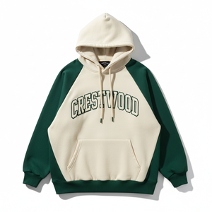 Crestwood Raglan Sleeve Hoodie <b>Men's</b> Oversized Cotton French Terry Casual <b>Pullover</b> with Front Pocket Green and Cream Color - Product Image 1