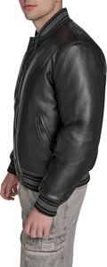 <b>Men's</b> Black PU <b>Leather</b> Bomber <b>Jacket</b> Stand Collar Button Closure Casual Style Autumn Wear Regular Fit Solid Color - Product Image 4