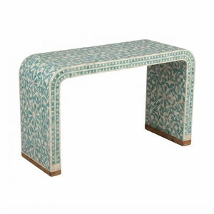 Mesa de centro clásica en blanco y negro con incrustaciones de hueso, moderna, abstracta, con patrón de rayas de ilusión óptica para sala de estar - Product Image 3
