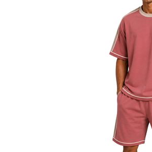 Conjunto de Camiseta y Pantalones Cortos Oversize para Hombre, Color Rosa Empolvado, Paneles en Contraste Beige, Logotipo Personalizado, Cuello Redondo, Ropa Casual Urbana, Venta al Por Mayor - Product Image 3