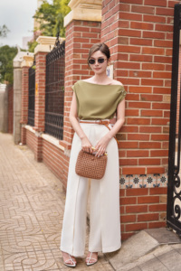 Women's Cream Modern Wide Leg Open <b>Split</b> Pants Polyester Spandex Premium Tailored <b>Trousers</b> Casual Style ELOWEN - Product Image 2