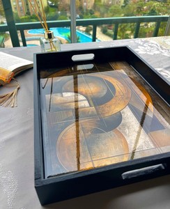 Modern Rectangle Serving Tray With Abstract Gold Inlay Design Black Frame <b>Decorative</b> <b>Plate</b> Glass Handpainted Art Style - Product Image 3