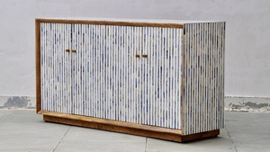Luxury Handmade Eco-Friendly Bone Inlay <b>Console</b> Cabinet with Blue White Stripe Pattern and <b>Black</b> Interior Storage Design - Product Image 3