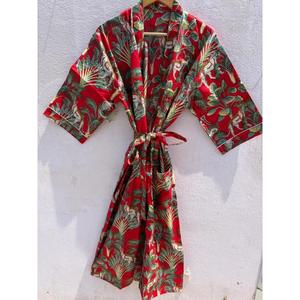 Bata de Baño Kimono de Algodón Floral para Mujer, Hecha a Mano con Estampado de Bloques, Estilo Boho, para Verano, Spa y Descanso, Regalo - Product Image 1