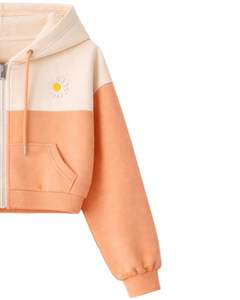 Conjunto de dos piezas casual para mujer: Sudadera corta con cremallera y bloques de color melocotón, y pantalones cortos con estampado de margaritas y dobladillo de encaje, de poliéster y algodón, al por mayor. - Product Image 3