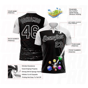 เสื้อโปโลสีดำขาวแบบกำหนดเองสำหรับนักบิลเลียด  ชุดกีฬาระดับพรีเมียม  ปักโลโก้และชื่อตามสั่ง  งานซับลิเมชั่น - Product Image 3