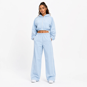 Vocksin <b>Women's</b> Ice Blue Cropped Hoodie Tracksuit Lightweight Zipper <b>Jacket</b> Wide Leg Pants Set 100% Cotton Printed - Product Image 1