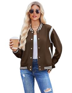 Veste bombardier femmes Varsity décontracté boutonné léger printemps vêtements d'extérieur courts avec poches - Product Image 1