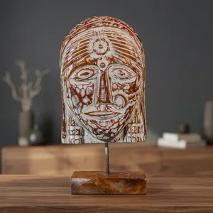 Figurine de tête de femme en bois vieilli vintage sur support, décoration de table faite à la main pour console, table basse, buffet, chambre à coucher - Product Image 5