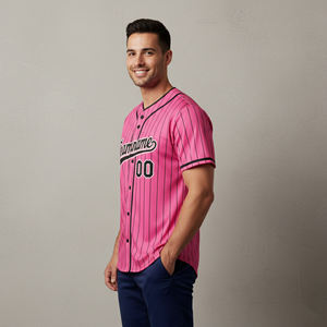 Camiseta de béisbol OEM/ODM 100% poliéster, personalizada, a rayas de dos tonos, para hombre, transpirable, con botones. - Product Image 5
