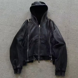 Sweat-shirts à capuche zippés surdimensionnés en coton épais de haute qualité, style streetwear personnalisé, effet vieilli et délavé, pour hommes - Product Image 1