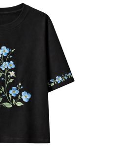 Camiseta Personalizada Negra con Estampado Floral para Mujer, Cuello Redondo, Algodón Suave, Manga Corta, Informal, Ligera, Cómoda y a la Moda - Product Image 4