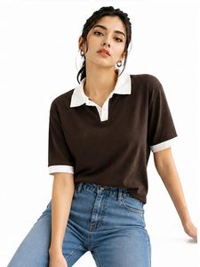 T-shirt polo contrasté pour femme, pull à manches courtes, mélange de coton, décontracté, à porter au quotidien - Product Image 4
