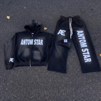 Ensemble de survêtement unisexe décontracté noir imprimé sur mesure, coupe ample, avec capuche et pantalon de jogging, logo texte gras uni, idéal pour l'hiver