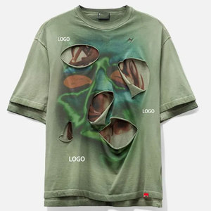 OEM ODM Men Loose Casual Oversized Ripped <b>Graphic</b> T Shirt <b>Vintage</b> Washed Distressed Streetwear Cotton Fashion <b>Tee</b> Custom Cut - Product Image 4