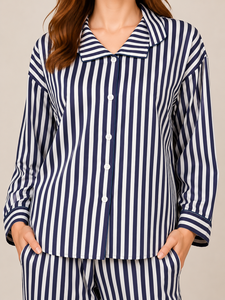 Comfortable Navy <b>Blue</b> Striped Two Piece Set Turndown Collar Long Sleeves Button Shirt Elastic Waist Trouser Casual Pajama Suit - Product Image 5
