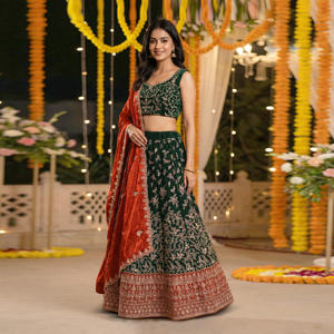 Lehenga Choli en soie Fendy avec broderie complexe et bordure traditionnelle |   Vêtements de mariage festifs pour femmes, vente en gros pour femmes - Product Image 1